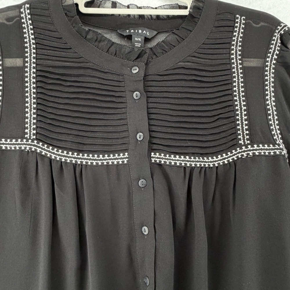 Tribal Embroidered Pintuck Peasant Blouse Semi Sheer Womens X-Large Black Boho - Picture 5 of 10